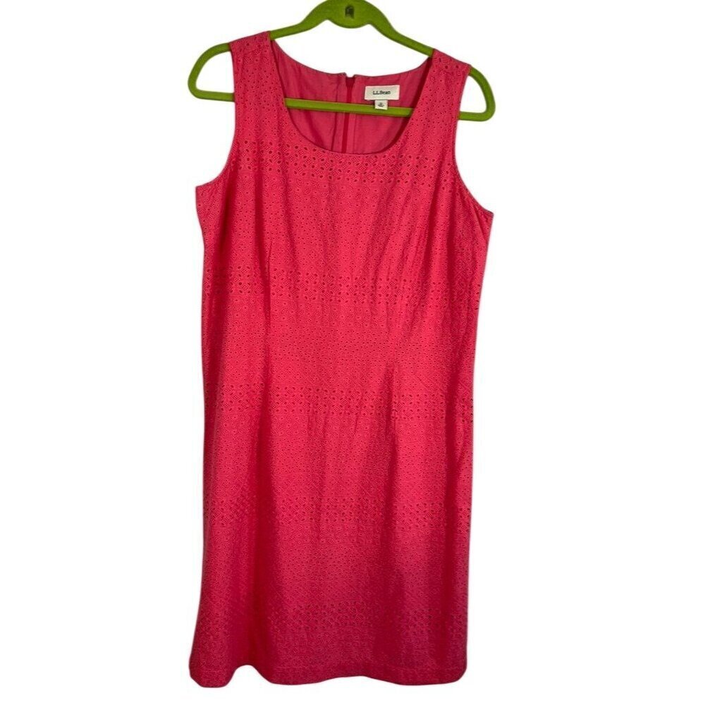 LL Bean Dress Women 12 Pink Scoop‎ Sheath Summer Eyelet Tank Midi Preppy Office